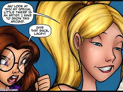 JKR comix. Cartoon girls discuss the superhero costume